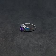 Size 6 1/4 Two Stripes 10 mm round Amethyst Blue Fire Opal sterling silver ring Handmade in USA Silver Round Cut Gemstone With Center Stone, Sterling Silver Amethyst Ring With Accent Stones, Purple Round Jewelry With Prong Setting, Purple Jewelry With Round Accent Stones, Purple Round Jewelry With Accent Stones, Formal Purple Birthstone Ring With Round Stone, Round Purple Birthstone Ring Gift, Purple Round Birthstone Ring Gift, Formal Purple Round Birthstone Ring