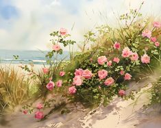 a painting of pink flowers on the sand dunes by the beach with waves in the background