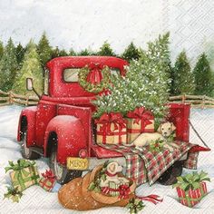 a painting of a red truck with presents on the bed