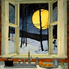 a painting of a full moon seen through an open window in a kitchen with oranges on the counter