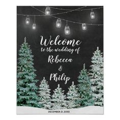 a chalkboard winter wedding welcome card with mason jars hanging from string lights and snow covered pine trees