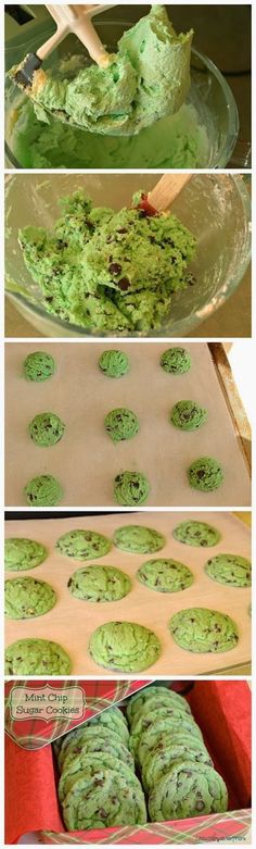 the process for making mint chip sugar cookies is shown in three different pictures, including an image of cookie batter and cupcakes