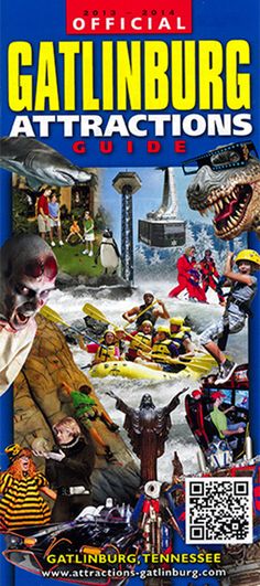 an advertisement for the official gatlinburg attractions guide, with images of people and animals