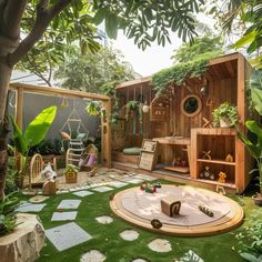 an outdoor play area with lots of plants and toys