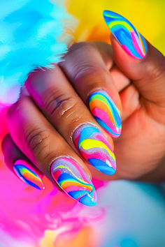 Bright Summer Nail Ideas Bright Summer Nails Almond, Bright Summer Nails Almond Shape, Bright Summer Nails Short, Summer Nails Almond Shape, Bright Summer Nails Designs, Crackle Nails, Summer Nails Almond, Neon Acrylic Nails