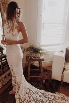 Awesome Lace Open Back Beach Mermaid Wedding Dress - Wedding Dresses Romantic Beach Wedding Dress, Backless Lace Wedding Dress, How To Dress For A Wedding, Italian Weddings, Wedding Gown Backless, Halter Wedding Dress, Beach Wedding Gown, Open Back Wedding Dress, Wedding Dresses Mermaid