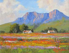 an oil painting of a field with flowers and mountains in the background