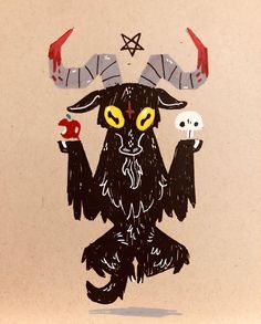 a drawing of a demon holding an apple with horns on it's head and two skulls in his hands