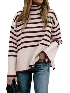 PRICES MAY VARY. SIZE - S=US(4-6), M=US(8-10), L=US(12-14), XL=US(16）, PLEASE CHOOSE ONE SIZE SMALLER THAN USUAL!! MATERIAL - This long sleeve striped sweater for women 2023 is made of soft knitted woven finish. Thick and breathable, skin-friendly and stretchy. Stay warm in fall and winter. FEATURE - Women's striped printed sweater/Long sleeve sweater with flared sleeve end detail can roll up free/winter chunky knit warm pullover tops/fashion turtleneck/soft stretch high neck/trendy side split d Split Sweater, Loose Pullover Sweater, Casual Turtleneck, Turtleneck Long Sleeve, Mini Robes, Loose Pullover, Striped Turtleneck, Oversized Pullover, Casual Stripes