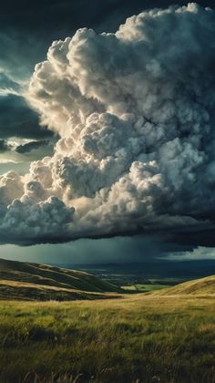 a large cloud is in the sky over a grassy field with rolling hills and green grass