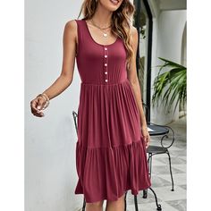 Burgundy Cotton Blend U Neck Sleeveless Button Tank Dress Sleeveless Button Closure Midi Dress For Beach, Sleeveless Midi Dress With Button Closure For Beach, Solid Sleeveless Dress With Buttons, Sleeveless Dress With Buttons, Knee-length Buttoned Sleeveless Sundress, Casual Sleeveless Dress With Buttons, Knee-length Sleeveless Sundress With Buttons, Sleeveless Buttoned Midi Dress Casual, Casual Sleeveless Midi Dress With Buttons