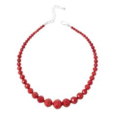 Jay King Sterling Silver Red Coral Graduated Bead 18" Necklace Add rich, red color and texture to your neckline with this handcrafted, coral bead necklace. Its faceted beads and classic silhouette makes a chic, stylish statement anytime. From Jay King.       Approx. 18"L x 11/16"W with 2-3/4" extender     Stamped .925     Hook closure     Necklace has faceted, round red coral beads strung in graduated silhouette   Stone Information       All sizes and weights approximate     Stabilized Compressed Color-Enhanced Red Coral - Faceted round (5-18mm); harvested in Indonesia Elegant Red Faceted Necklace, Red Jewelry With Faceted Beads, Elegant Red Coral Beaded Necklace With Faceted Beads, Red Beaded Necklaces With Faceted Beads, Red Coral Necklaces With Round Faceted Beads, Red Coral Necklace With Faceted Beads, Faceted Red Coral Necklace, Red Single Strand Crystal Necklace With Round Beads, Red Coral Beaded Necklace With Spacer Beads