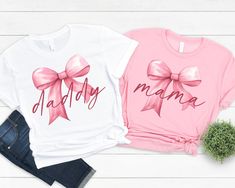 Pink Bow Birthday or Baby Shower Family Shirts  Processing of your order takes 4-9 business days, then shipping is First Class so allow another 3-6 business days.  I only have white for the cousin/brother/sister shirts. Shirts will come on colored shirts as pictured.  Don't see the name you are looking for? I can make it for you! Please read then purchase the Personalization fee: https://www.etsy.com/listing/962838250/personalization-fee-5-for-family-shirt?ref=listings_manager_table Now the whol Pink Tops For Mother's Day Gift, Pink Top For Mother's Day Gift, Pink Family Matching Tops For Gender Reveal, Family Matching Pink Tops For Gender Reveal, Personalized Pink Tops For Mother's Day, Personalized Pink Top As Gift, Pink Tops For Gender Reveal With Custom Print, Customizable Pink Tops For Gifts, Customizable Pink Tops For Gift