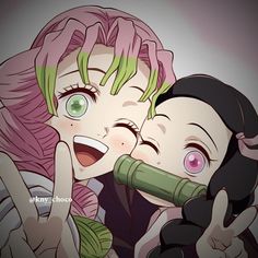 two girls with pink hair and green eyes are hugging each other