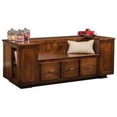 Amish USA Made Handcrafted Bradley Bench sold by Online Amish Furniture LLC Bench Storage With Drawers, Bench With Two Shelves, Wood Storage Bench With Back, Open Front Storage Bench, Benches With Shelves, Drawer Seat, Side Shelves, Entryway Benches, Coffee Stain