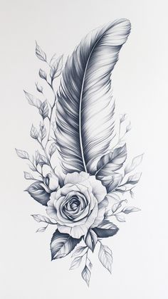 a black and white drawing of a rose with a large feather on it's side