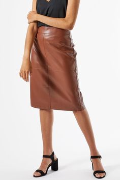 Tan PU Midi Skirt Pencil Skirt Fashion, Modern Skirt, Faux Leather Pencil Skirt, Oversized Jean Jacket, Button Outfit, Sweaters And Leggings, Charter Club, Scarf Hairstyles, Swimwear Accessories