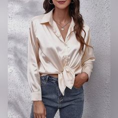 Ivory Button Down Blouse Beige Trousers Outfit, Blue Champagne, Satin Button Up, Satin Bluse, Boutique Wholesale, Winter Typ, Sweaters Women, Women Hoodies, Clothing Wholesale