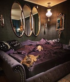 a cat laying on top of a bed in a room with mirrors and lights above it