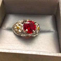 This Is A Brand New Ring That Has Never Been Worn Before Red Ruby Flower-shaped Ring, Red Ruby Flower Shaped Ring, Elegant Handmade Red Flower Ring, Red Flower-shaped Promise Ring, Red Flower Shaped Rings For Gifts, Red Flower Shaped Rings As Gift, Red Flower-shaped Rings As Gifts, Elegant Red Flower Ring, Flower Shaped Ruby Ring As A Gift