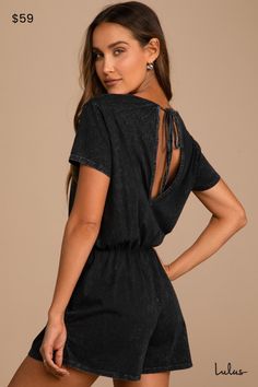 The Lulus Casual Cutie Washed Black Short Sleeve Romper is the easiest way to look cute this season! Garment-washed cotton jersey knit shapes this romper that has a V-neckline, short sleeves, and a blousy bodice with a back keyhole and tying closure at the neck. An elasticized waist tops flowy shorts to complete the look. Fit: This garment fits true to size. Length: Above mid-thigh. Size medium measures 32" from shoulder to hem. Inseam: 3.00 Front Rise: 12.00 Bust: Great for any cup size. Waist: Black Tank Romper Outfit, Country Concert Romper Outfit, Black Romper Outfit, Rompers For Teens, Summer Romper Outfit, Family Vacay, Tank Romper, Vacay Outfits, Flowy Shorts