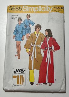 "Name: Simplicity 5685 Description: Mens or Misses Jiffy Kimono Robe in 2 Lengths Year: 1973 Cut/Uncut: Cut, all pieces included and usable. Cut for the shorter length, but extra length included and can be taped back on. Size: 38-40 (Men) See photos for condition, sizing, and fabric requirements. Have any questions about this item? Feel free to message me, I'll respond ASAP! I ship all my patterns as soon as possible, always within 1-3 business days. If you need to cancel your order, it must be Kimono Robes Pattern, Male Kimono, Kimono Robes, Motif Vintage, Simplicity Sewing, Simplicity Sewing Patterns, Simplicity Patterns, Kimono Sleeve, Vintage Sewing Patterns