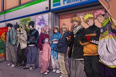 a group of people standing in front of a family store with their backs to each other