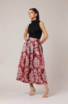 "Ball Skirt, Jacquard Skirt, Formal Skirt, Midi Skirt, High Waist Skirt, Evening Skirt, Burgundy Skirt, Skirt With Pockets, Women Skirt, Skirt With Pleats, Party Skirt, Elegant Skirt, Wedding Guest Skirt, Party Wear, Date Night Skirt, Bridesmaid Skirt. The skirt is like a dream- with beautiful pleats and gorgeous fabric- Burgundy with a gold damask print. The rich, intricate baroque pattern whispers of timeless sophistication, transforming each movement into a graceful dance of elegance. Jacquard high waist maxi skirt can be paired with a variety of tops to create different looks. With this unique skirt, you will attract a lot of attention wherever you go. ❖ Please read the dress description and find your size. ❖ If the waist is over than 40\", please choose the custom made. ❖ In note to s Bridesmaid Skirt, Bridesmaid Skirts, Womens Pleated Skirt, Unique Skirts, Burgundy Skirt, Skirt Elegant, Ball Skirt, Evening Skirts, Jacquard Skirt