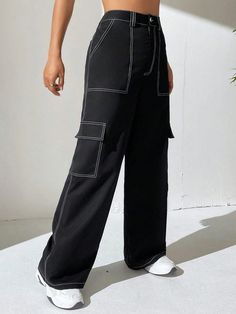 This Casual Top Stitching Flap Pocket Side Cargo Pants! Perfect for a casual style, these plain cargo pants offer a loose and comfortable fit, with a long length that adds a touch of urban flair. Made from high-quality woven fabric (polyester), they are designed for durability. The top stitching adds a stylish detail, while the flap pockets on the sides provide functionality. Detail: Style: Casual Pattern Type: Plain Type: Cargo Pants Length: Long Fit Type: Loose Fabric: Non-Stretch Material: Wo Casual Relaxed Fit Bottoms With Contrast Stitching, Casual Bottoms With Contrast Stitching Relaxed Fit, Casual Bottoms With Contrast Stitching And Relaxed Fit, Casual Cotton Bottoms With Contrast Stitching, Casual Cotton Cargo Jeans With Contrast Stitching, Utility Cargo Pants With Contrast Stitching For Streetwear, Relaxed Fit Straight Leg Cargo Pants With Contrast Stitching, Baggy Wide-leg Pants With Contrast Stitching, Casual Wide Leg Bottoms With Contrast Stitching