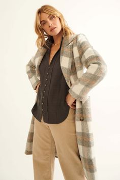 Wool-blend plaid overcoat. Brushed texture. Oversized lapel collar. Double-breasted button closure. Long sleeves. Padded shoulder. Side pockets. Yoke back. Back vent. Calf length. Fitted silhouette. 90% Polyester, 10% Wool. Imported. Designed in LA. Model wears size S. This item is final sale. Plaid Overcoat, Peasant Skirt, Gentle Fawn, Oversized Cardigan, Textured Knit, Powder Blue, Lapel Collar, Lucky Brand, Double Breasted