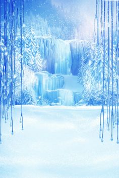 an image of a frozen waterfall with icicles hanging from it's sides in the snow