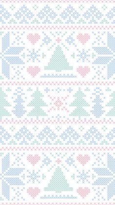 a cross stitch pattern in pastel colors on a white background with blue, pink and green