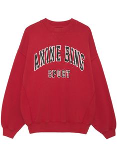 bright red organic cotton logo print to the front crew neck drop shoulder long sleeves ribbed trim straight hem Anine Bing Sweatshirt, 2023 Moodboard, Winter Wishlist, Sport Graphic, Xmas Wishlist, Red Crewneck, Winter 23, V Stitch, Lettering Logo