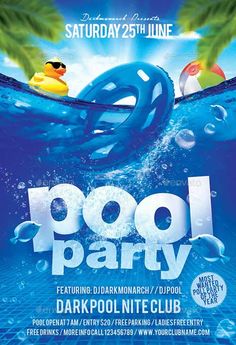 a pool party flyer with two rubber ducks floating in the water