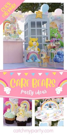 a pink and yellow birthday party with care bears decorations