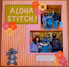 a scrapbook with pictures of people and stitch characters