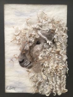 a painting of a sheep with curly hair on it's face and eyes, in grey frame