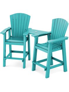 two teal plastic chairs and a small table with one chair on the other side