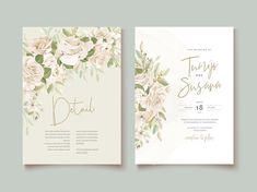 two wedding cards with flowers and gold foil lettering on the front, side and back