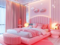 a bedroom with pink walls and white furniture