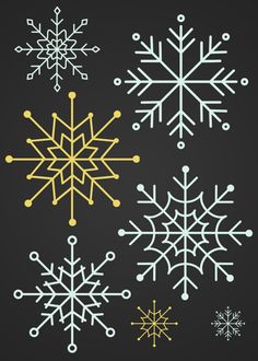 four snowflakes on a black background with white and yellow designs in the middle