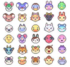 an image of pixelated animal heads in different colors and sizes on a white background