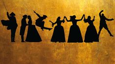 the silhouettes of people in dresses are hanging from strings on a gold painted wall