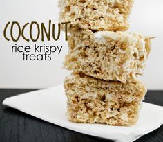 three coconut rice krispy treats stacked on top of each other with the words coconut rice krispy treats above them