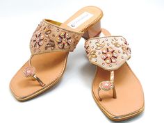 "A beautiful Rosegold beaded embroidered design strap sandals offer a comfortable sole to walk on. A heel length of 2.0\" inches. These shoes are absolutely comfortable and offer a simple yet elegant design. These are perfect for a night out or a simple day. See our page for more of our collection of shoes we offer. We ship out in a timely matter, wrapped in care for a safe secure trip to your location. Thank you for supporting our small business.  Shipped from the USA. Sizes available US 5,6,7,8,9,10,11" Luxury Traditional Sandals For Festive Season, Elegant Sandals For Summer Festivals, Elegant Festive Sandals For Summer, Elegant Embroidered Open Toe Sandals, Festive Summer Sandals With Round Toe, Summer Heels With Gota Work, Festive Open Toe Sandals For Spring, Summer Wedding Sandals With Gota Work, Elegant Gold Sandals For Festive Occasions