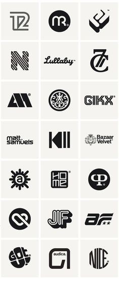 many different types of logos are shown in black and white, including one that has the letter