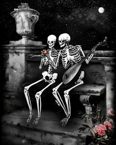 two skeletons sitting next to each other in front of a vase with flowers on it