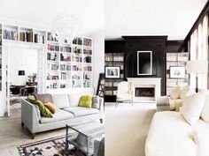 a living room filled with furniture and bookshelves next to a fire place in front of a fireplace