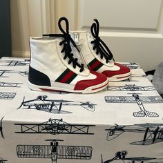 Never Worn Gucci White High-top Sneakers Sporty Style, White Sporty Gucci High-top Sneakers, Gucci White Sporty High-top Sneakers, Sporty Gucci White High-top Sneakers, Gucci White Leather High-top Sneakers, White Gucci Leather High-top Sneakers, Red High-top Gucci Sneakers, Gucci Red High-top Sneakers, Red Sporty Gucci Sneakers