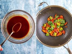 a pan filled with sauce and vegetables on top of a blue tablecloth next to a frying pan